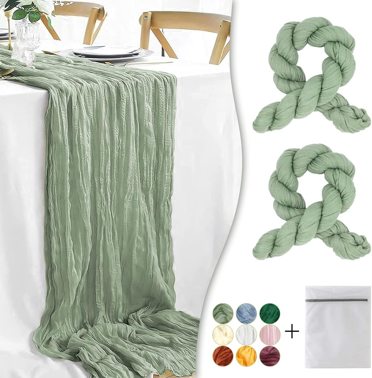 Sage Green Cheesecloth Table Runner 2 Pack 35" Boho Gauze Table Runner 120 inches Long Runner Rustic Sheer Fabric Bulk for Baby Shower Wedding Bridal Birthday Party Table Decorations